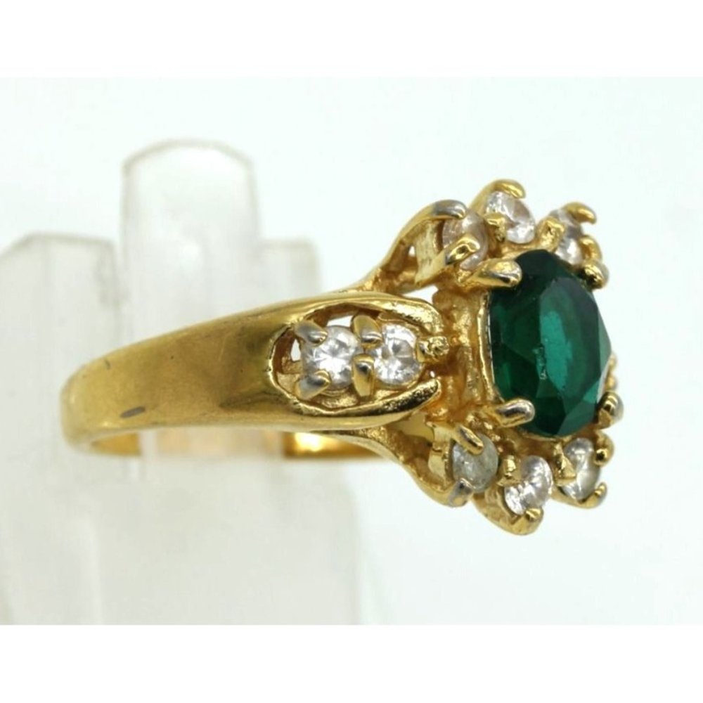 GOLD ELECTROPLATED & emerald green, clear CZ's cluster ring, sz 8 designer sign